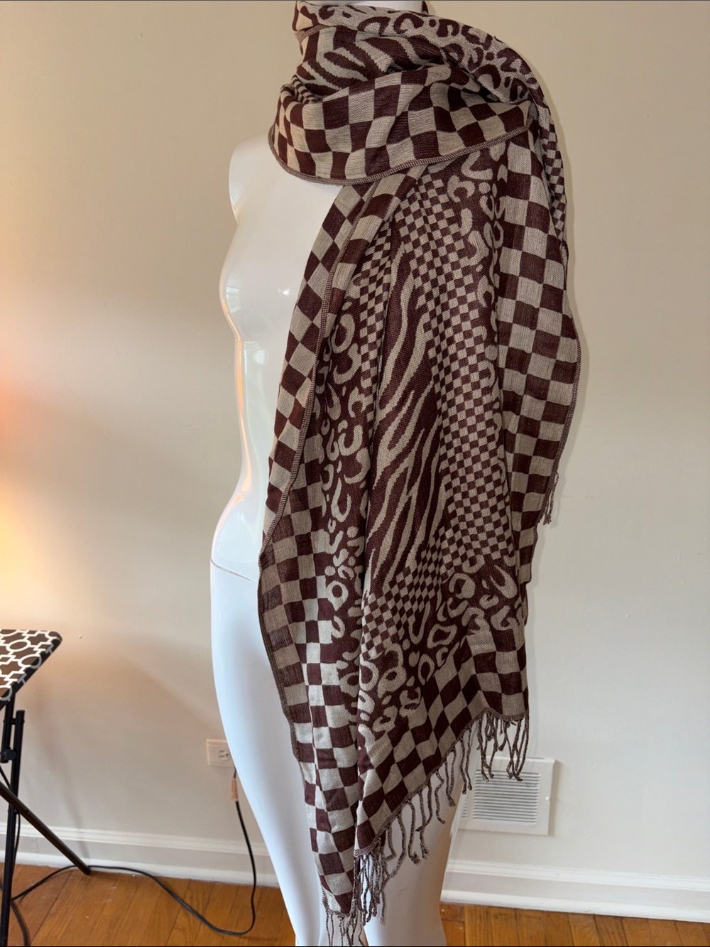 pashmina Brown and Cream Mixed Pattern Fringe Wrap LV - Picture 6 of 6